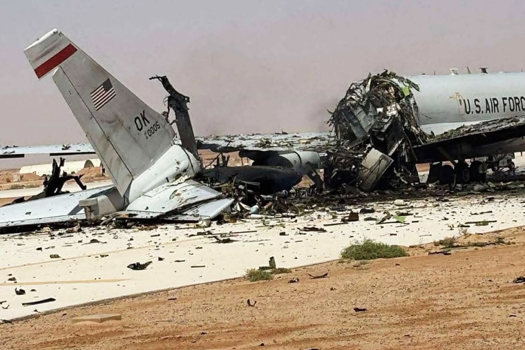 Photos circulated Sunday showing a damaged E-3 Sentry plane after a strike on Saudi Arabia's Prince Sultan Air Base.  Obtained by NBC News