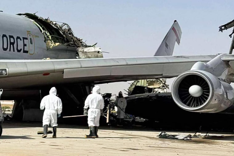 The back end of the E-3 Sentry after the Prince Sultan Air Base attack, in an image that circulated Sunday.