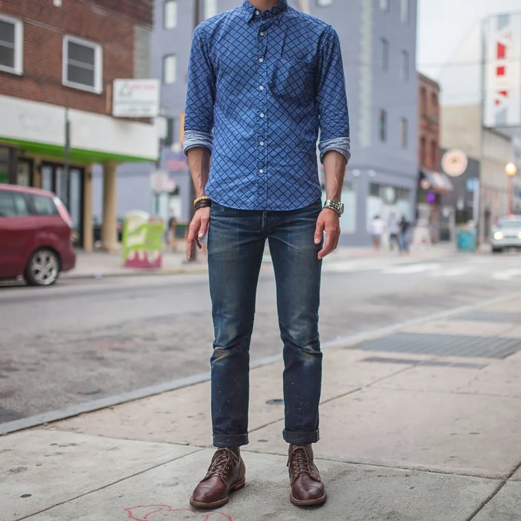 Zack wearing a pair of 3sixteen jeans.