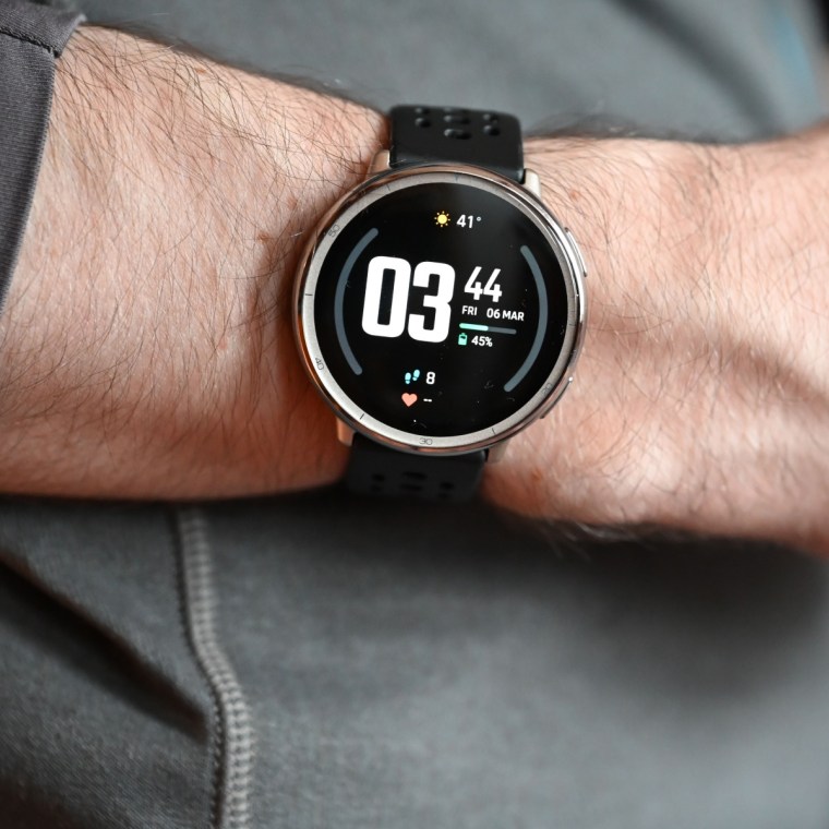 A close up of the Amazfit Active 2 sport on the wrist of the writer.