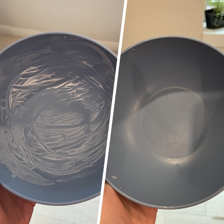 Before and after using Dawn's dish soap on dried yogurt