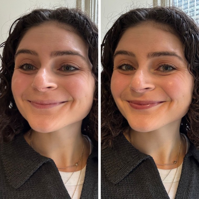 Before and after woman applying a plumping lip serum to her lips