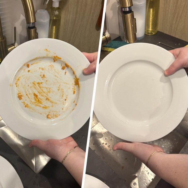 Before and after using Mrs. Meyer's dish soap on sauce