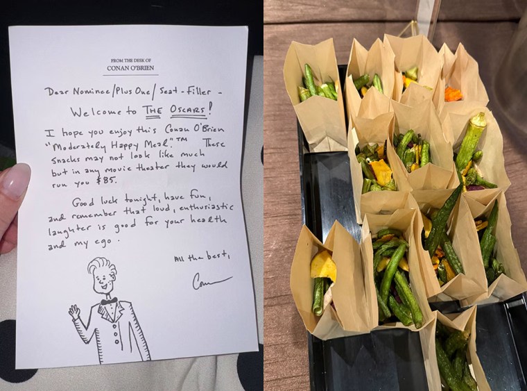Note from Conan O'Brien to Oscars attendees and dried vegetable snacks offered by the Academy.