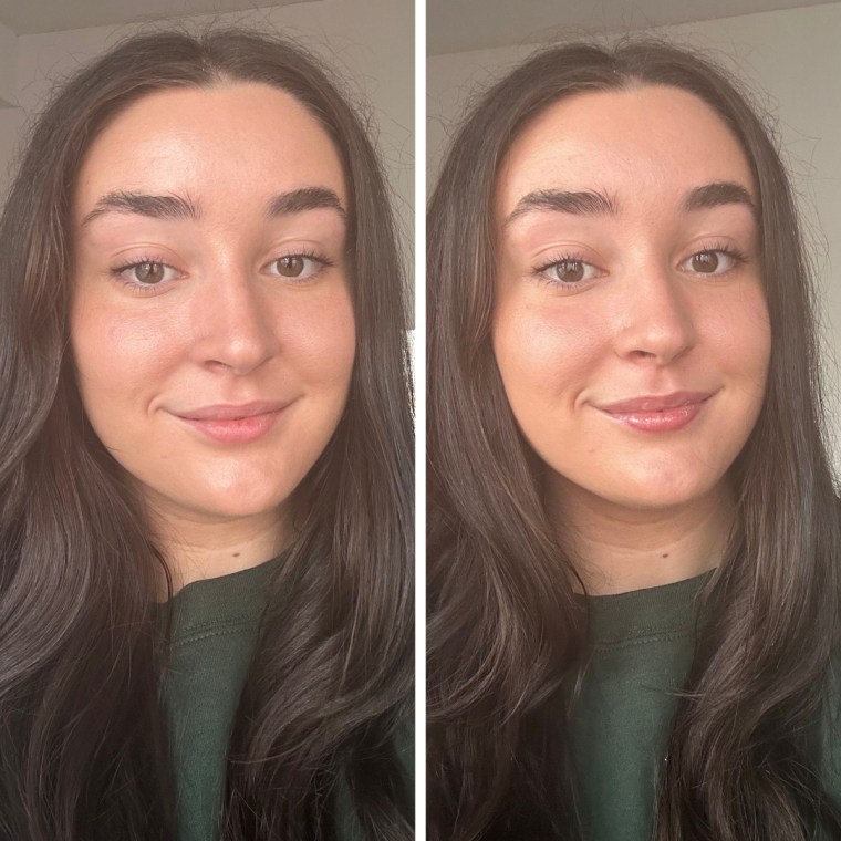Before and after of woman applying a lip serum