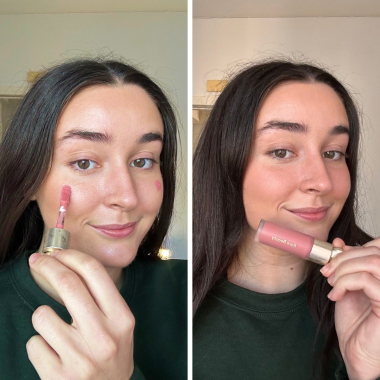 Cusack applying one dot of the Rare Beauty Blush to each cheek. Right: Cusack with the blush blended out, holding the Rare Beauty blush tube.