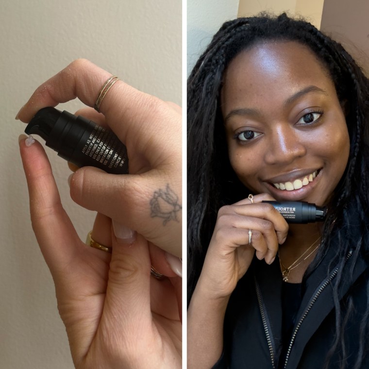 Side by side of woman holding lip serum and applying it to lips