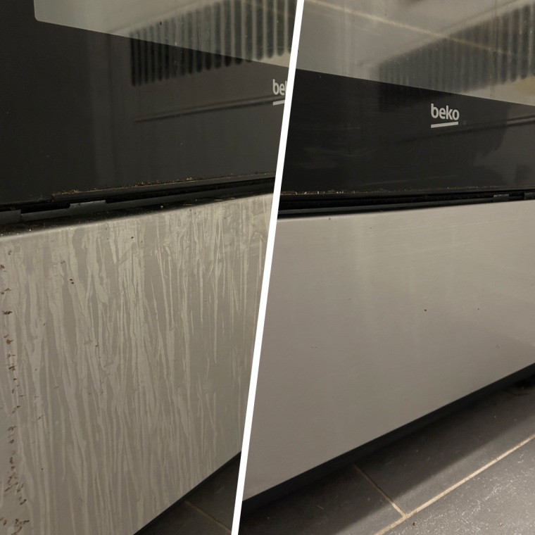 Before & after using the Scrub Daddy Eraser Mommy 10x with Scrubbing Gems.