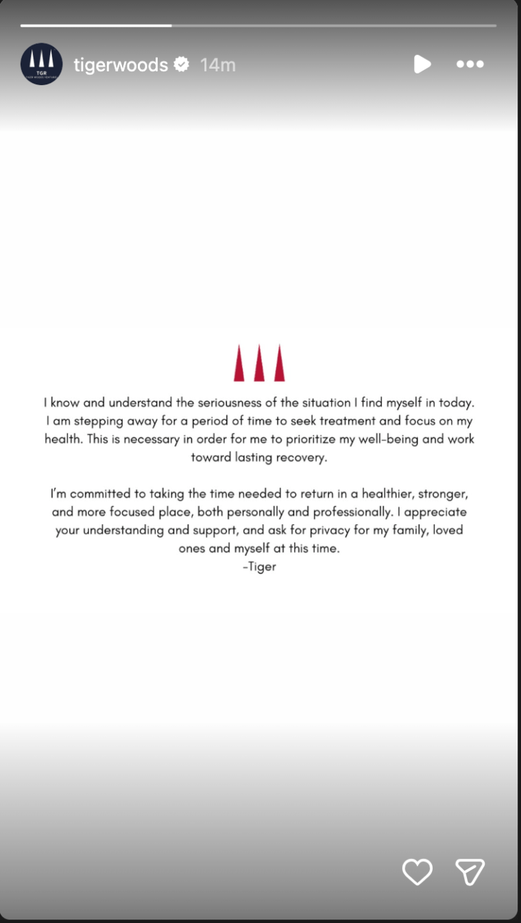 Tiger Woods posts statement on his Instagram story March 31, 2026 addressing recent car crash and DUI arrest.