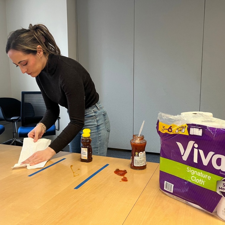 Each paper towel's cleaning performance was tested on three food messes: ketchup, honey and salsa.