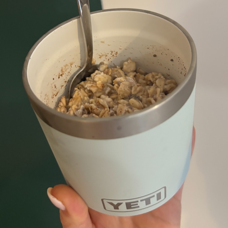 Yeti’s Rambler 10-oz. Stackable Lowball cup filled with overnight oats.