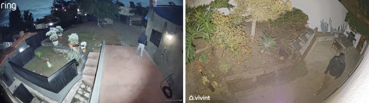 At left, security video of a man prowling outside the home of Josh and Rachel. At right, video of the burglar who broke into Victoria's home.