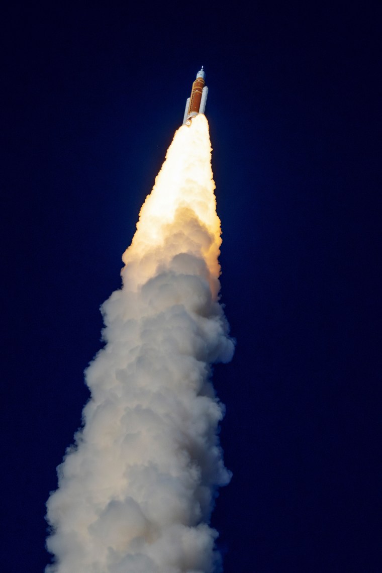 The Artemis II crewed lunar ngo launches astatine Kennedy Space Center successful Cape Canaveral.