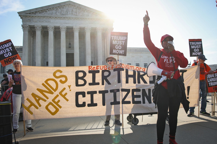 Demonstrators protest outside the Supreme Court before justices hear oral arguments in Trump v. Barbara, a case about birthright citizenship, in Washington, on April 1, 2026. 