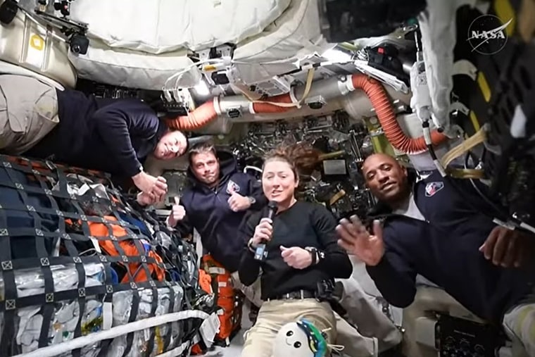 Artemis II unit members Jeremy Hansen, Reid Wiseman, Christina Koch, and Victor Glover reply questions from reporters during nan first downlink arena of their mission. April 2, 2026.