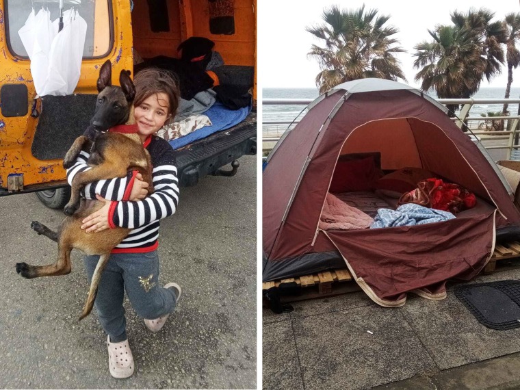 Awatef Bazoun, 6, with her dog. The family now live out of a tent after being displaced from their home in Deir Amess, southern Lebanon.