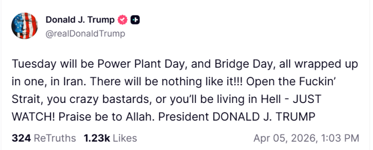 In a post on Truth Social, Trump threatened a major bombing campaign on Tuesday.