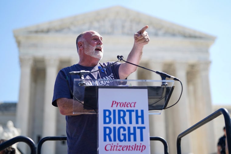 Image: Chef José Andrés speaks during a rally on protecting birthright citizenship outside the U.S. Supreme Court 