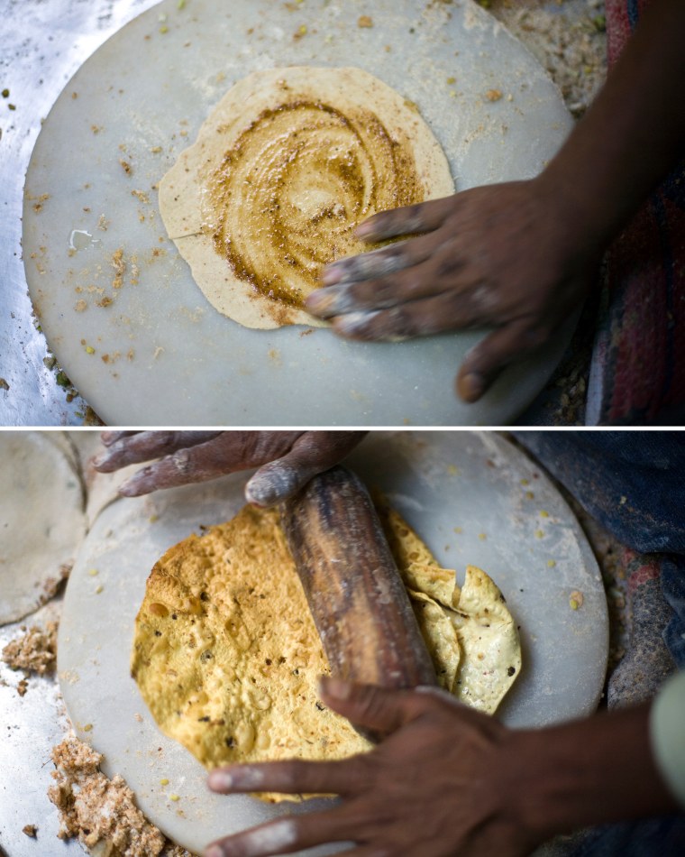 Image: Composite image, two photos of hands making a paratha (Indian fried bread)