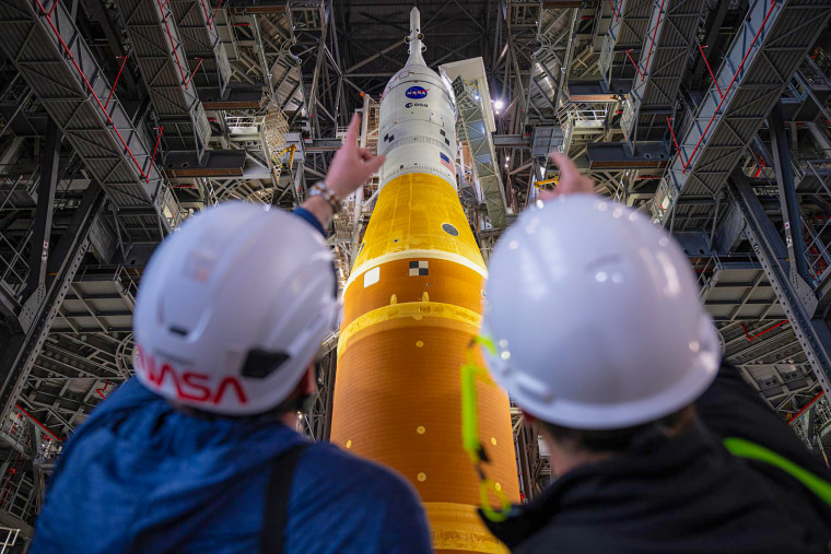NASA’s Artemis II SLS (Space Launch System) rocket and Orion spacecraft are seen, Friday, Jan. 16, 2026, wrong nan Vehicle Assembly Building astatine NASA’s Kennedy Space Center successful Florida.
