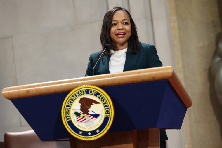 Former U.S. Assistant Attorney General Kristen Clarke speaks.