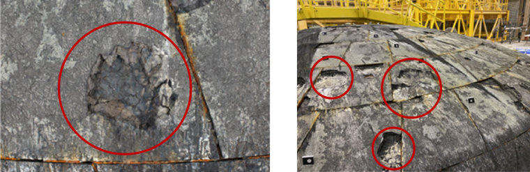 Imagens de um relatório do Inspetor Geral da NASA mostram partes faltantes do escudo térmico Artemis I, causando danos inesperados durante seu retorno à Terra.