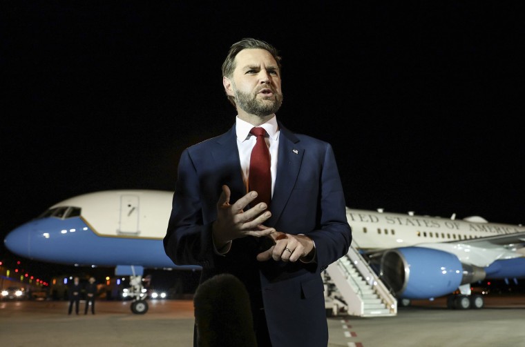 Vice President JD Vance speaks to the media before boarding Air Force Two