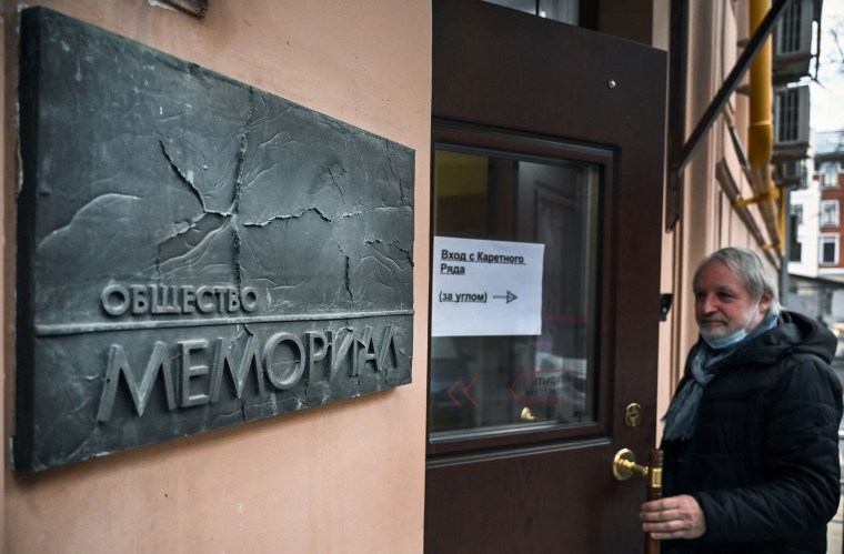 A man enters the office of rights group Memorial in Moscow in 2021.
