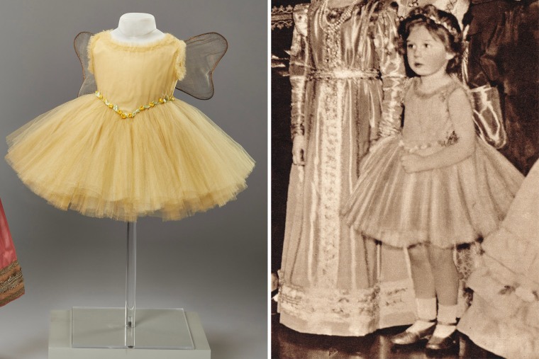 Princess Elizabeth, the future Queen, right, in a fairy costume at a fancy dress party in 1934, which is on display at the exhibition, left.
