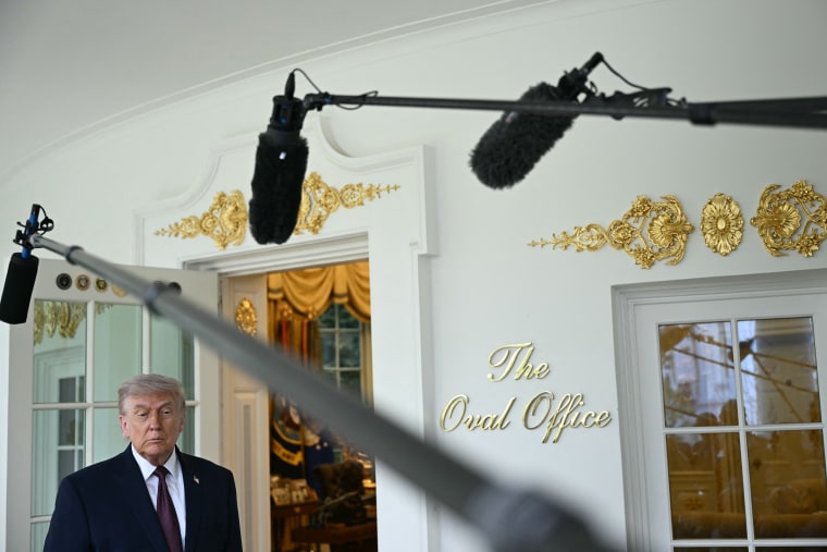President Trump speaks to reporters outside the Oval Office on April 13, 2026. 