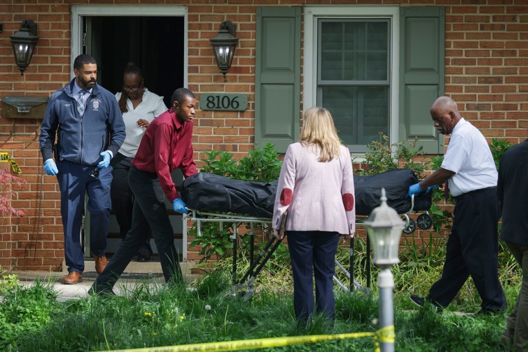 A body is removed on a gurney from the home of former Virginia Lt. Gov. Justin Fairfax on April 16, 2026 in Annandale, Va.