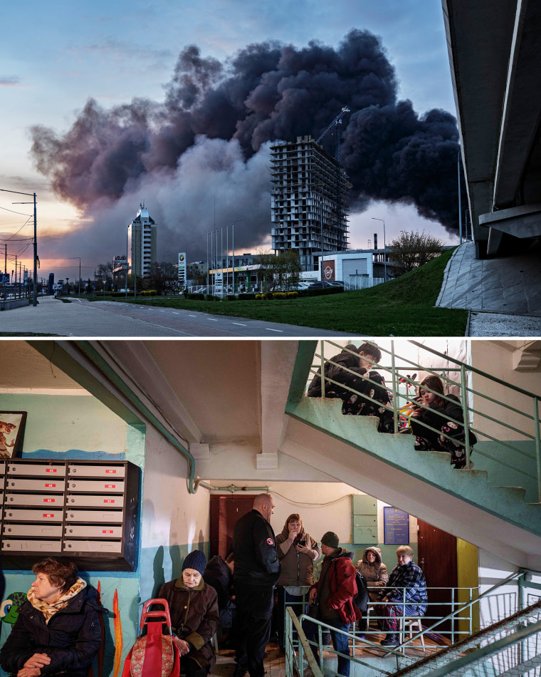 Smoke rises over Kyiv following a Russian strike, top, and people take shelter inside a damaged house in Kyiv, both Thursday.