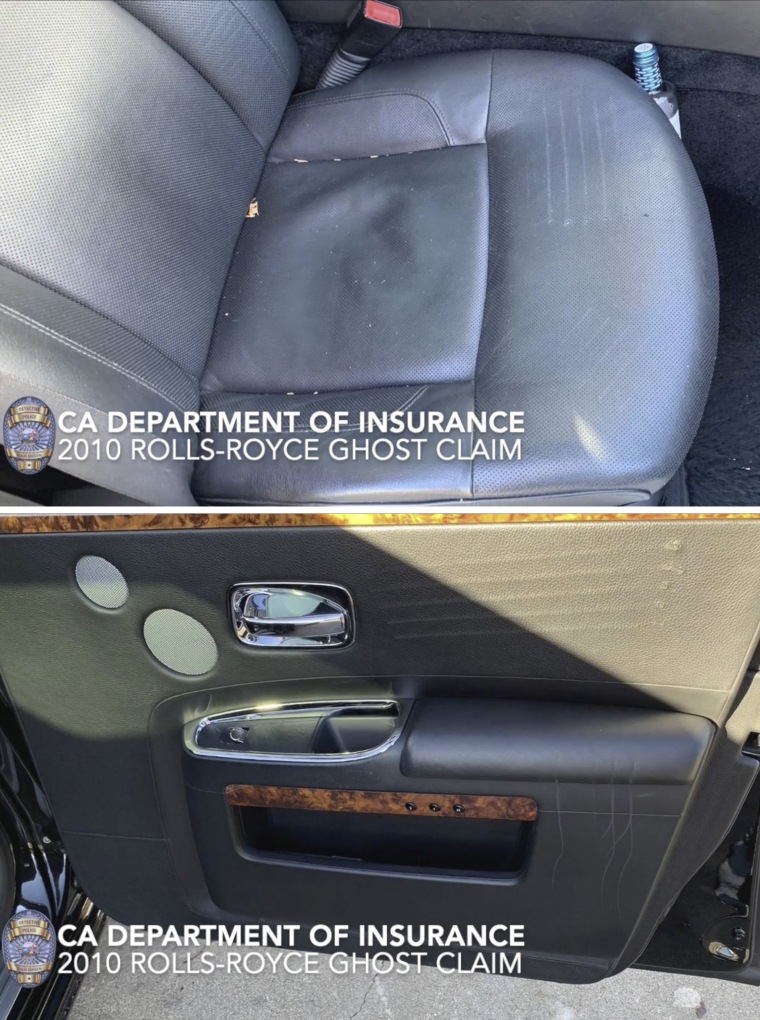 Images provided by the California Department of Insurance show damage done to several luxury vehicles.