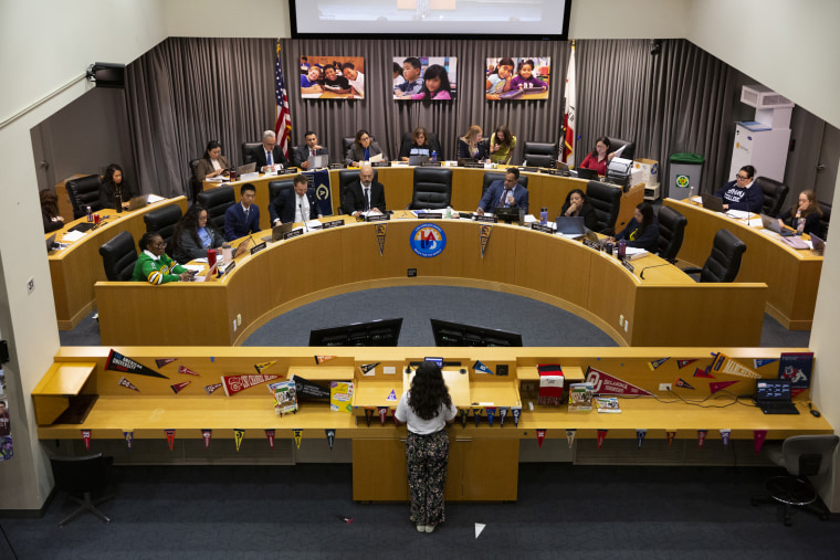 Anya Meksin speaks about screen time limits during a Los Angeles Unified School District board meeting on Tuesday.