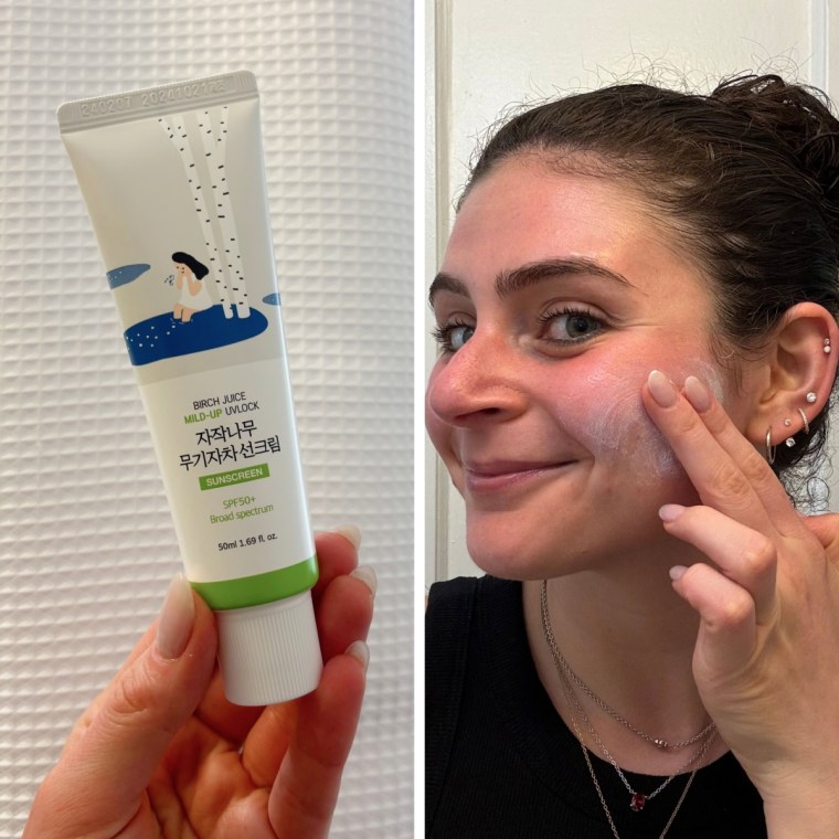 A photo of the Beauty of Joseon bottle alongside a photo of a woman applying sunscreen to the side of her face.