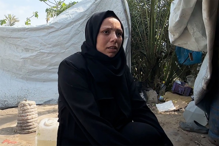 Ezyia Abu Haya, a 34-year-old mother of six, at a displacement camp in Khan Younis, southern Gaza. 