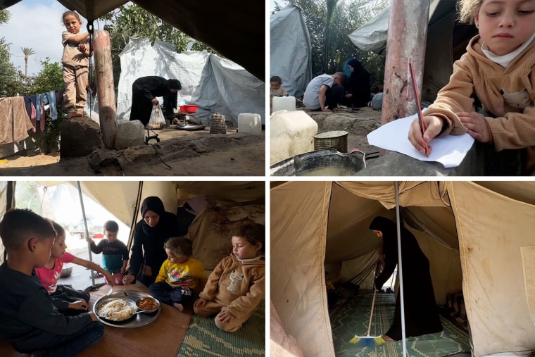 Widowed Ezyia Abu Hayya looks after her six children in a tent camp in southern Gaza after her husband was killed in 2025. 