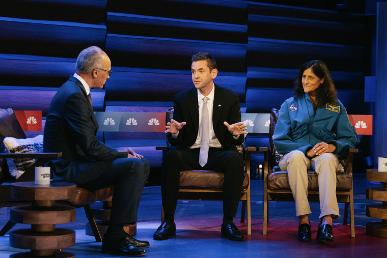 Lester Holt with NASA Administrator Jared Isaacman and former NASA astronaut Sunita Williams in Washington on Thursday.