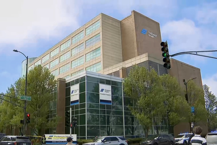 A high-rise hospital building. 