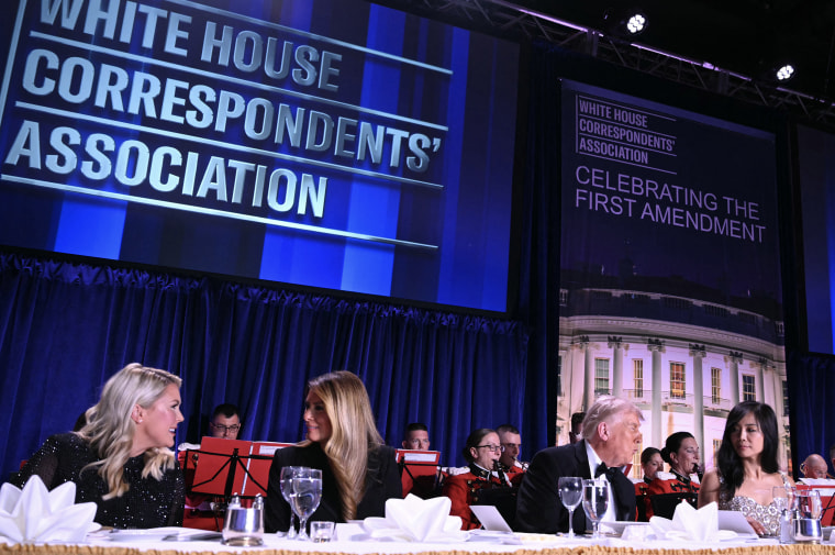 Karoline Leavitt, Melania Trump, Donald Trump and Weijia Jiang seated at a banquet table.