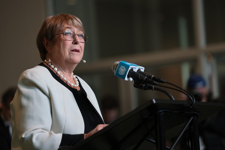 Former Chilean President Michelle Bachelet speaks to members of the media after an informal dialogue for the candidacy position of the next Secretary-General at the United Nations headquarters on April 21.