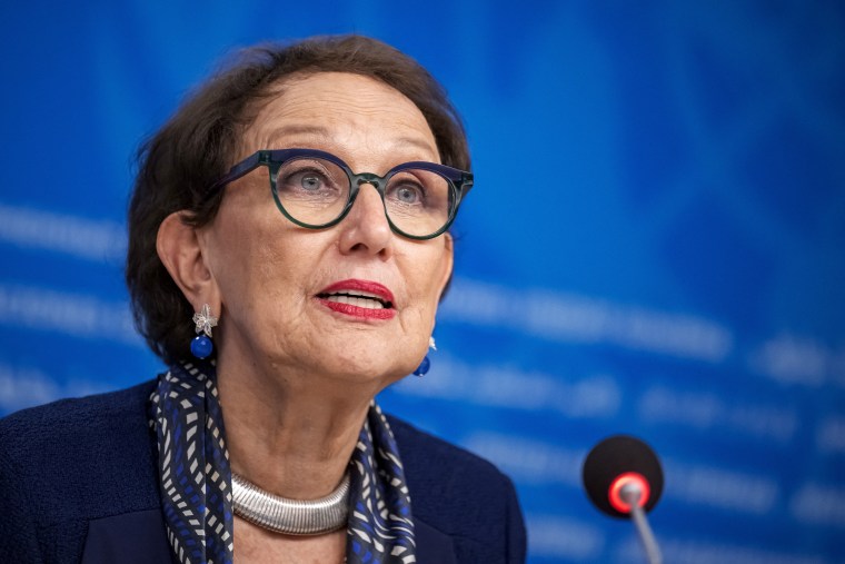 United Nations Trade and Development secretary-general Rebeca Grynspan speaks during a press conference in Geneva on October 22, 2025.
