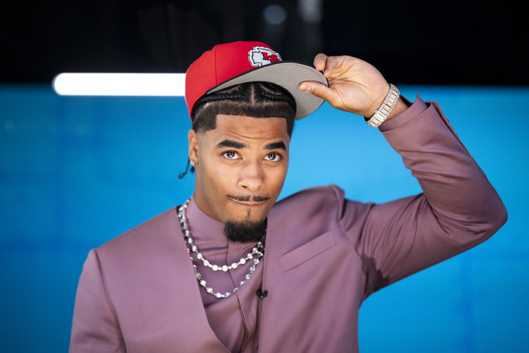 LSU cornerback Mansoor Delane dons a Kansas City Chiefs hat after being chosen sixth overall in the first round of the NFL draft on April 23, 2026 in Pittsburgh.