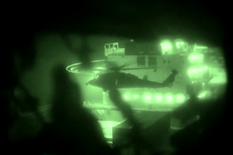 A screengrab from a video released on Apr. 20 by U.S. Central Command that shows what they say is the boarding of an Iranian tanker over the Arabian Sea.