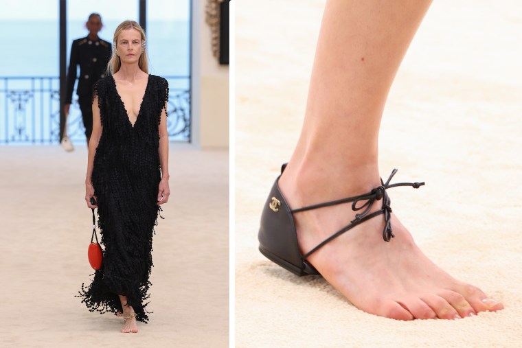 A model walks down a runway wearing the Chanel half sandals (left). A close up of the Chanel half sandals on a foot (right). 