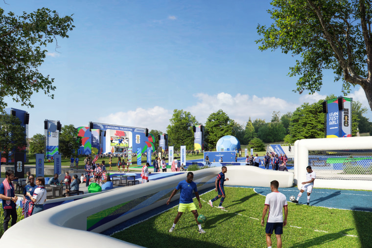 A digital illustration of people playing soccer outside in a park inside of an enclosure