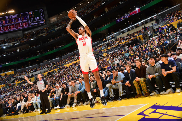 Jabari Smith Jr. of the Houston Rockets shoots a three-pointer 