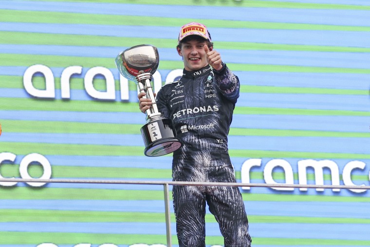 Andrea Kimi Antonelli of Mercedes celebrates his victory in the Japanese Grand Prix on March 29, 2026.