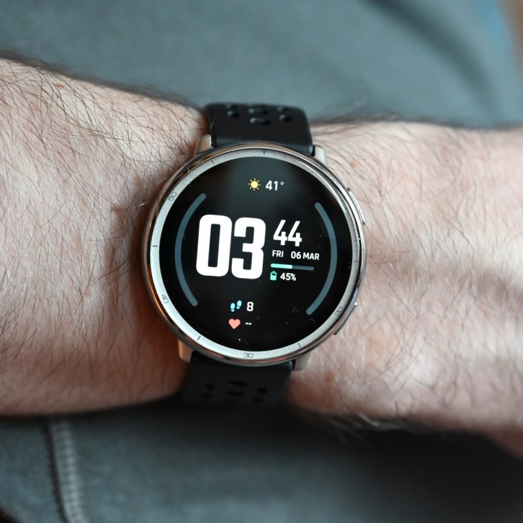 A close up of the Amazfit Active 2 sport on the wrist of the writer.