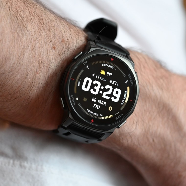 A close up of the Amazfit T-Rex 3 Pro on the wrist of the writer.